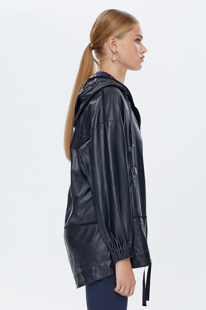 Women Black Leather Jacket With Hoodie