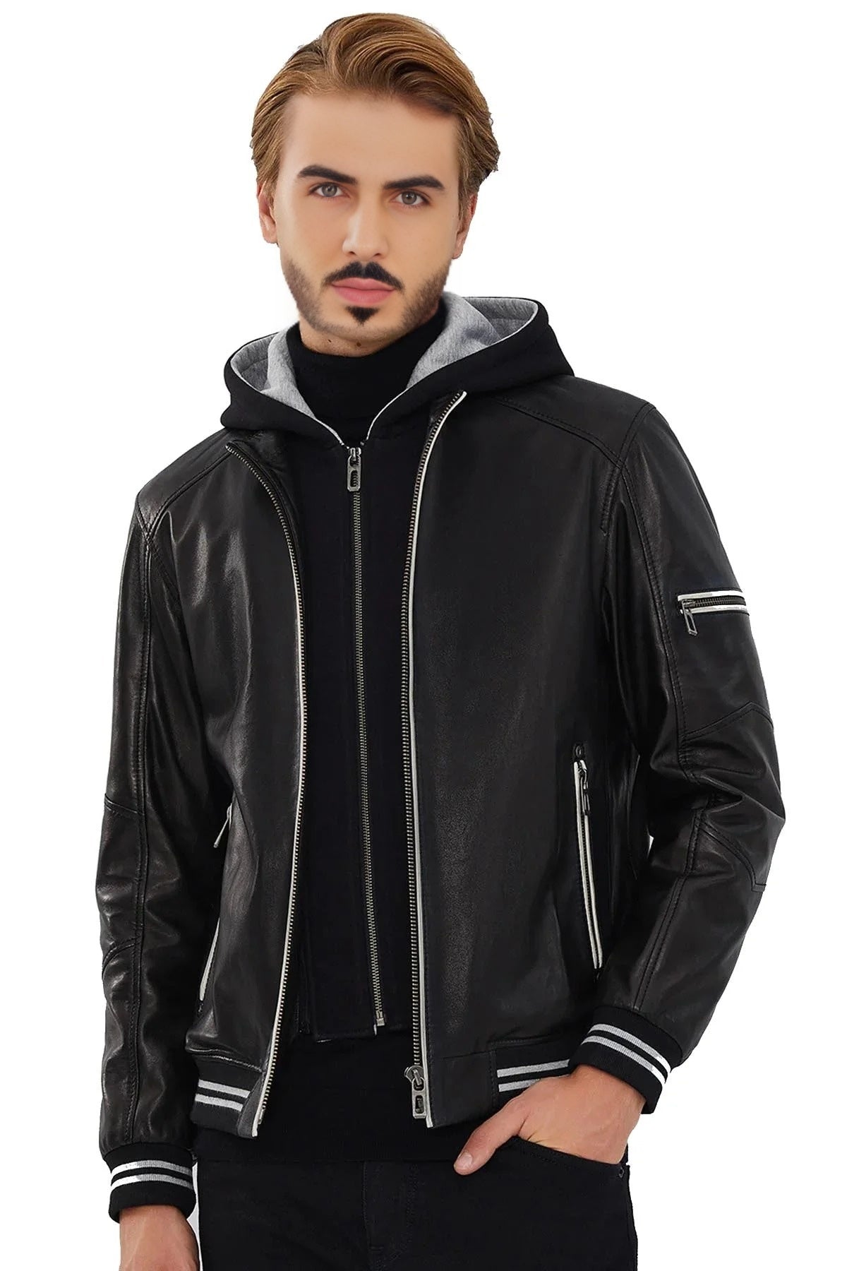 Bryson Black Stylish Leather Jacket For Men With Hood