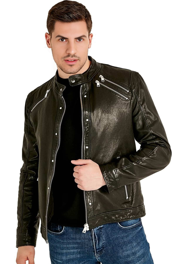 Grant Men’s 100% Real Olive Leather Biker Galore Jacket