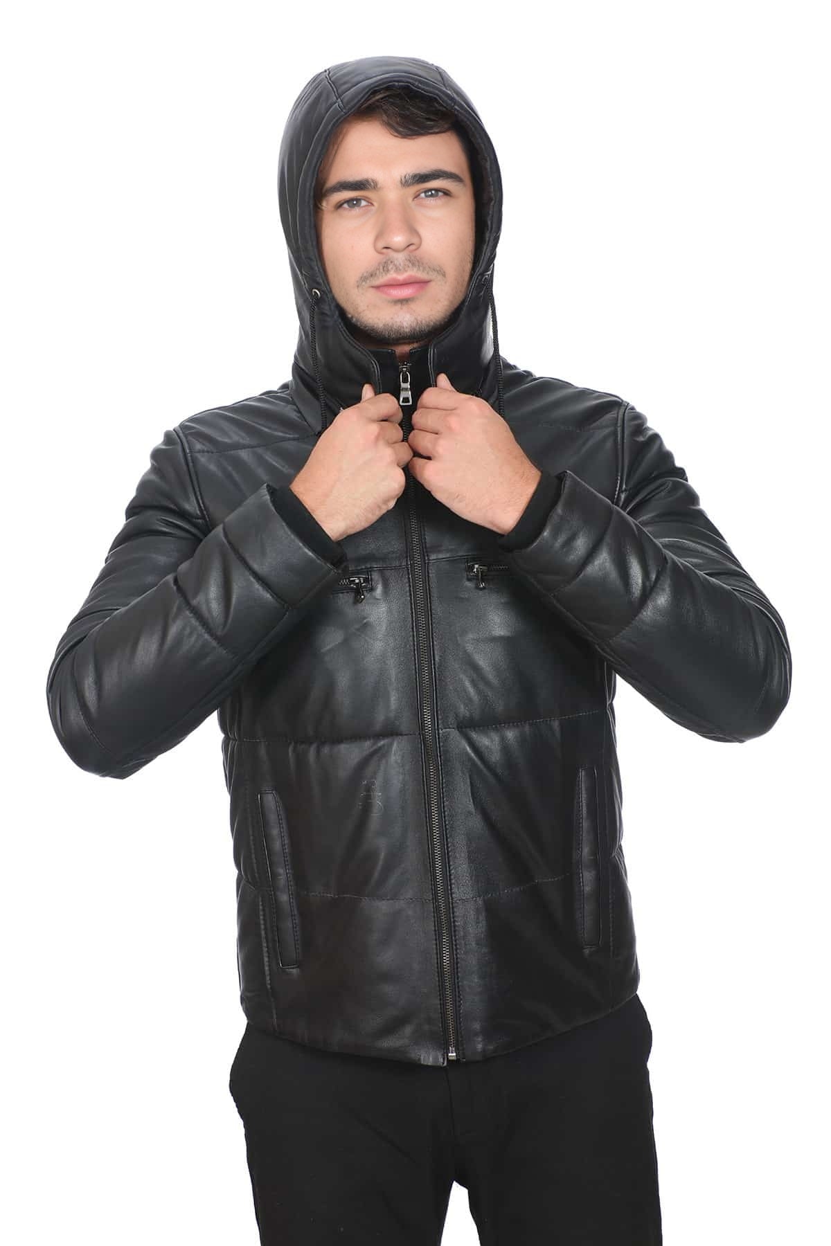 Joe Slim Fit Black Leather Jacket For Men With Hood