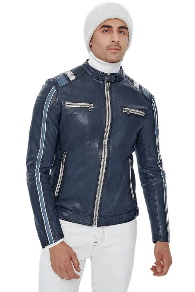 Lewis Navy Blue Leather Jacket For Men
