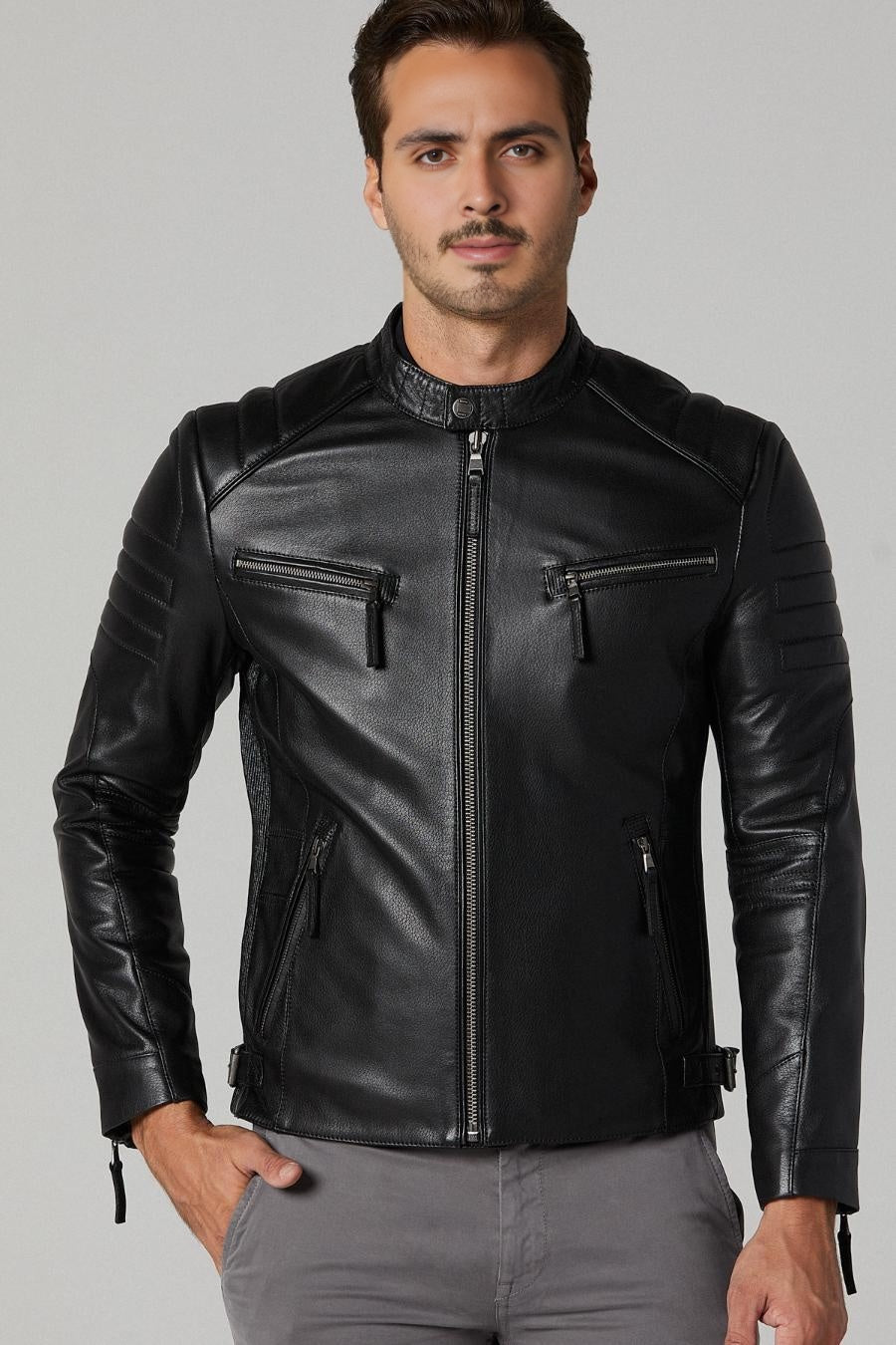 Black Motor Bike Leather Jacket For Men
