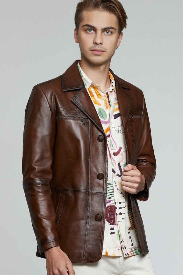 Distressed Dark Brown Leather Jacket For Men