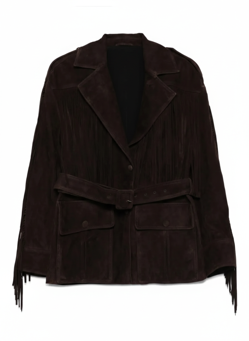 womens-dark-brown-fringe-suede-belted-jacket