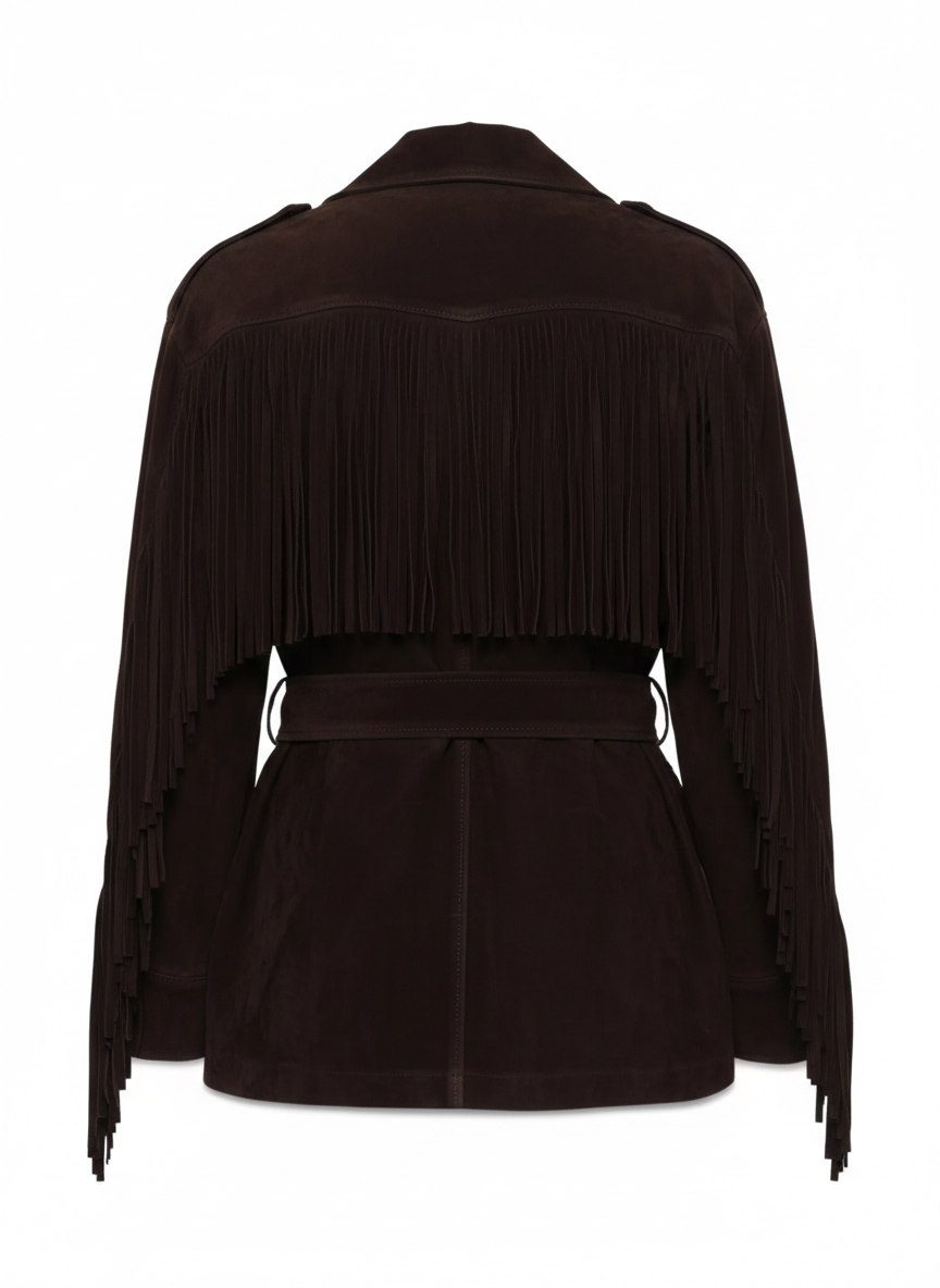 womens-dark-brown-fringe-suede-belted-jacket