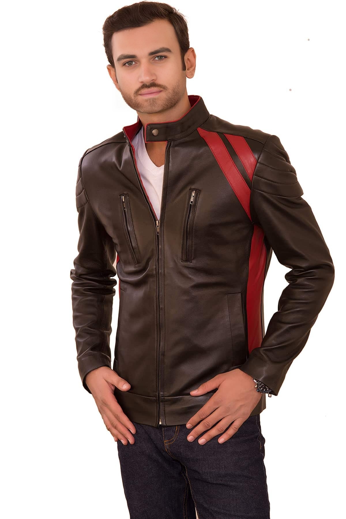 Louis Dark Brown Leather Jacket With Red Stripe For Men