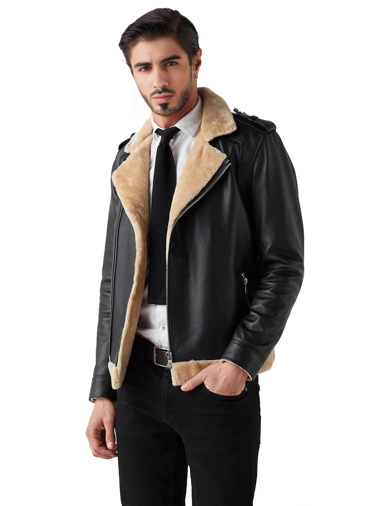 Ezekiel Black Fur Blazer Leather Jacket For Men