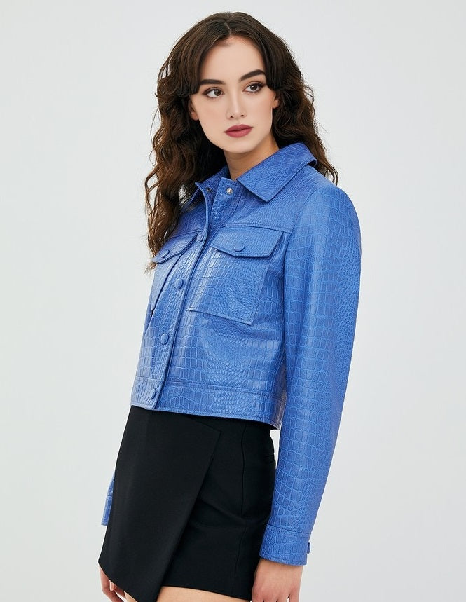 Blue Tina Leather Jacket For Women's