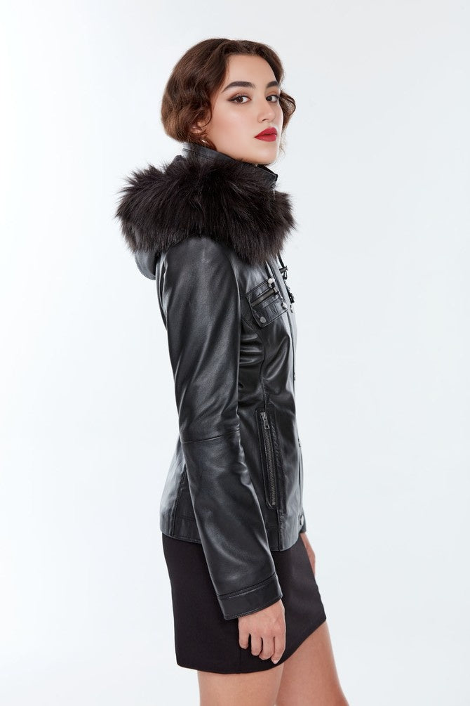 Cristina Classic Black Leather Jacket For Women's