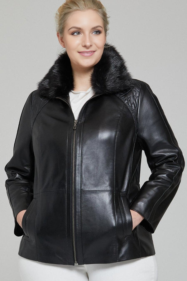 Gemma Black Leather Jacket with Original Fur Collar For Women