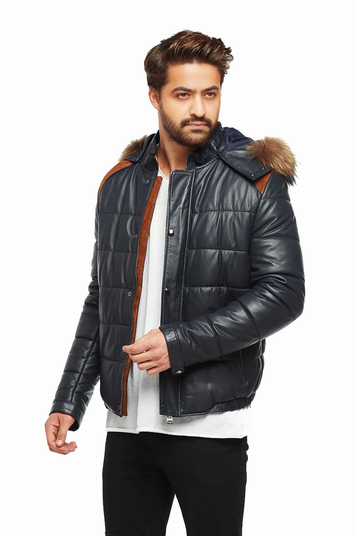 Edward Men Black Puffer Leather Jacket With Fur Hood