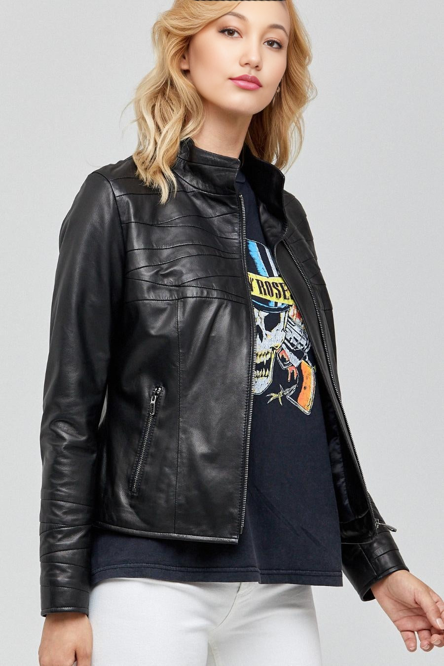Diagonally Plated Black Leather Jacket For Women