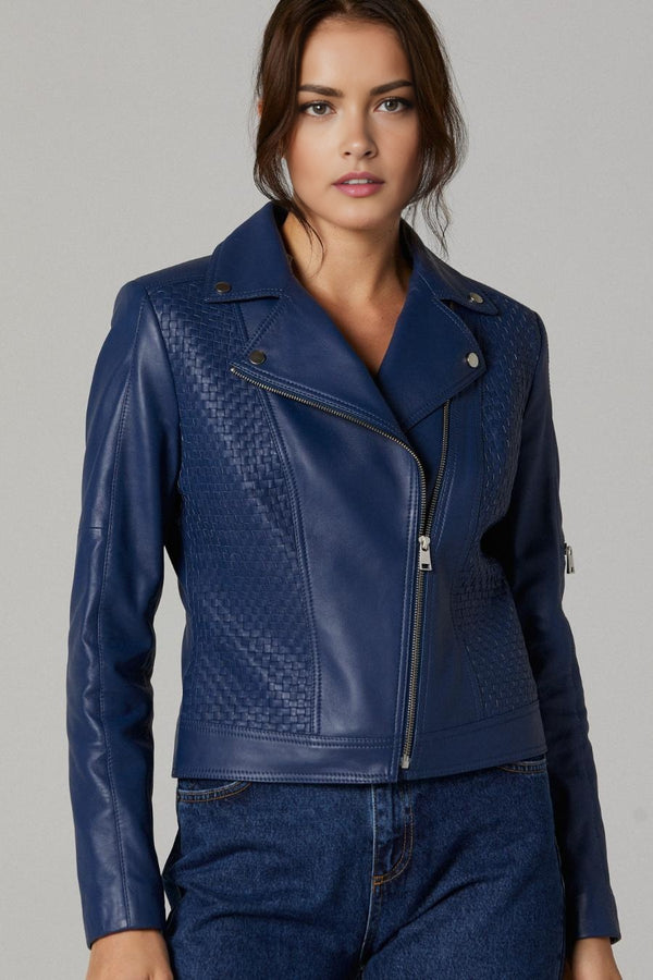 Evelyn Motor Bike Blue Leather Jacket For Women