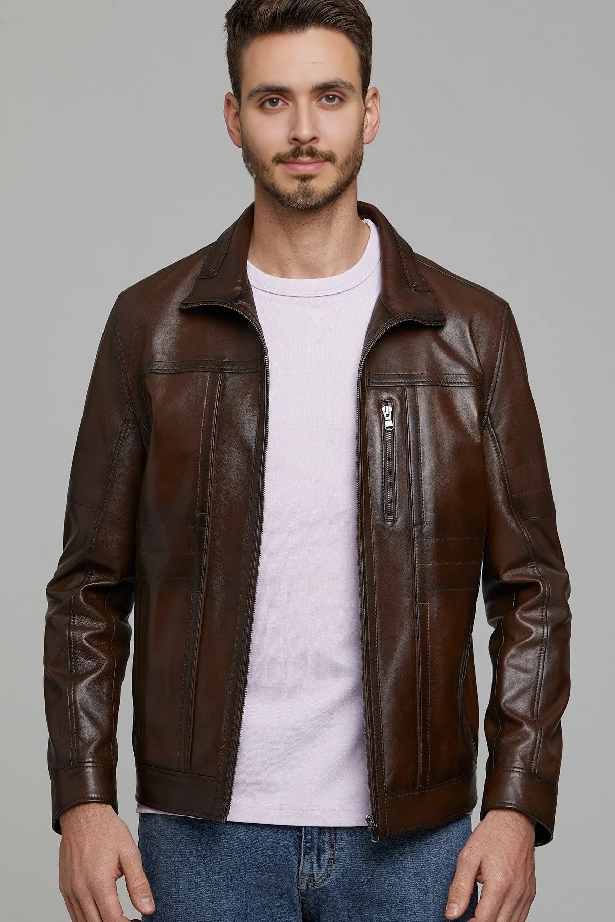 Bruno Cognac Brown Biker Racer Leather Jacket For Men