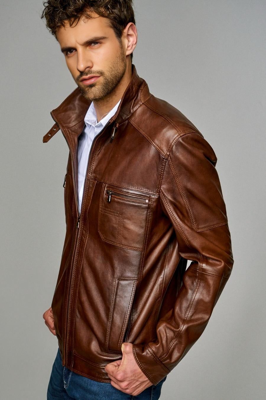 Brown Distressed High Collar Leather Jacket For Men