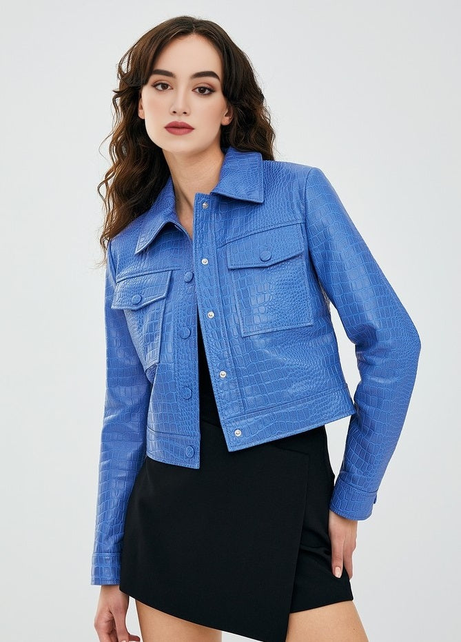 Blue Tina Leather Jacket For Women's