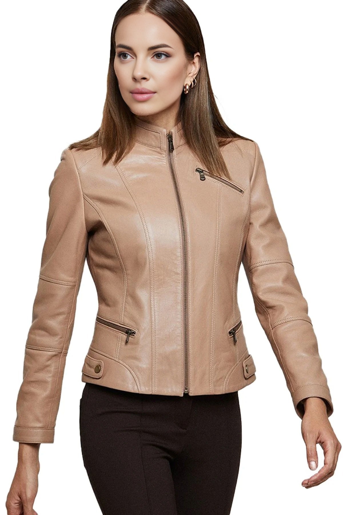 Leona Fossil Tan Leather Jacket For Women
