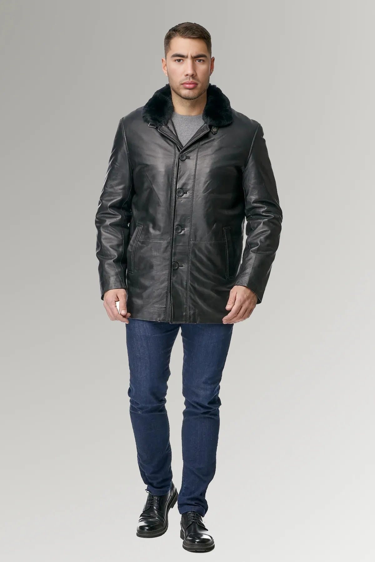 Preston Black Fur Collar Leather Jacket For Men