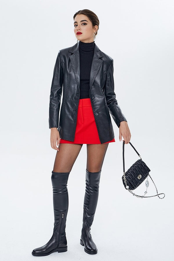 Black Barbara Blazer Leather Jacket For Women