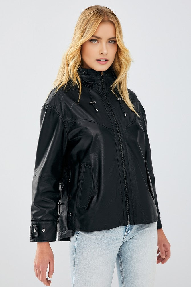 Martha Black Hooded Leather Jacket For Women