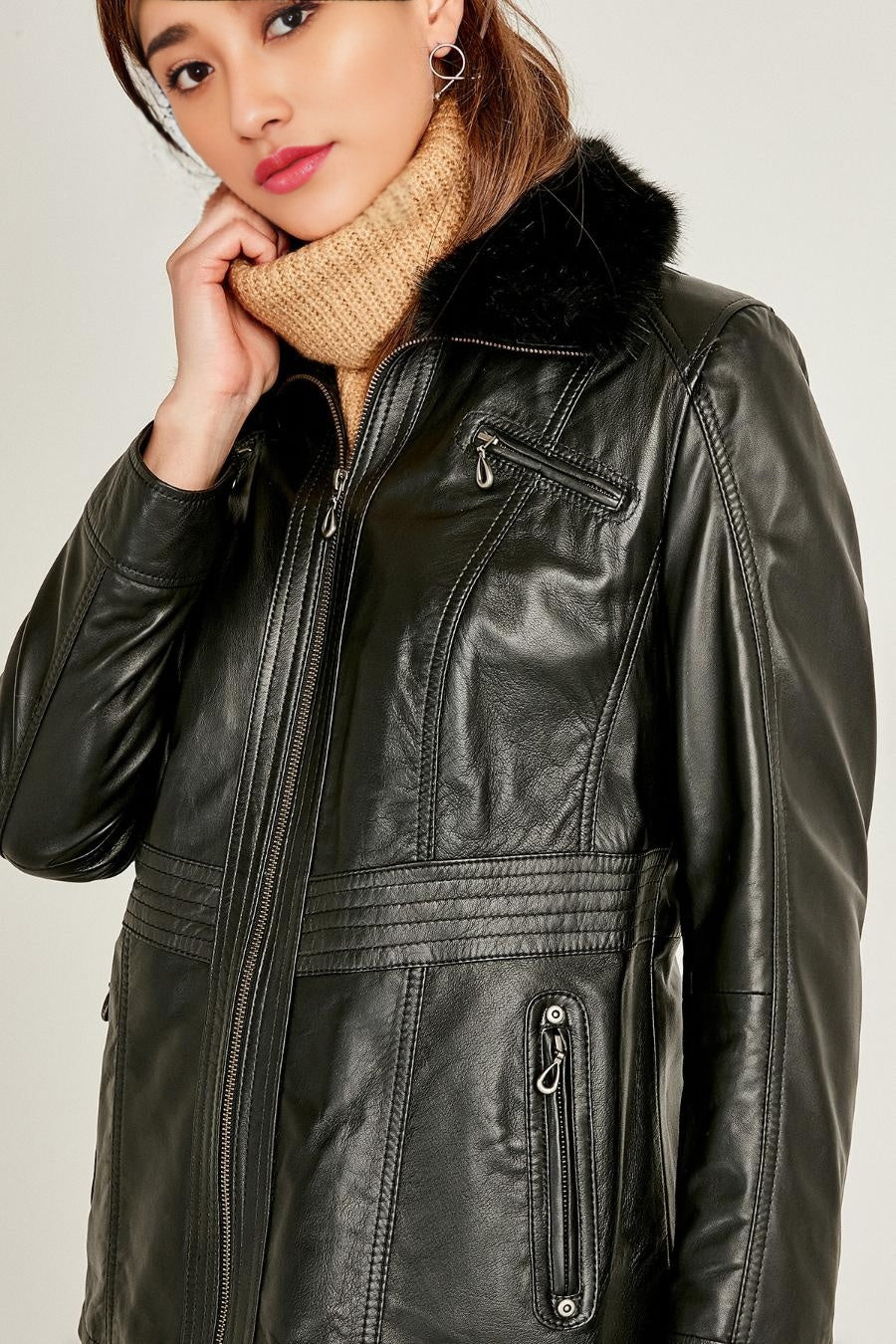 Rachel Black Fur Collar Women Leather Jacket